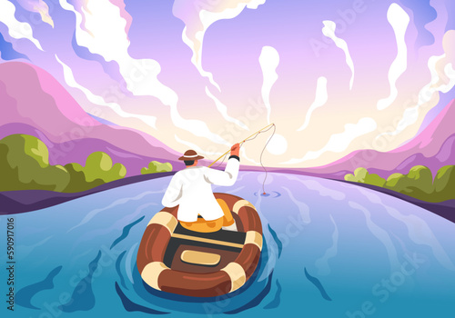 Fisherman boat on pond. Morning fishing in forest lake or river, cartoon fisher with rod catch fish, summer vacation fishman activities angler recreation recent vector illustration © ssstocker