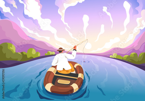 Fisherman boat on pond. Morning fishing in forest lake or river, cartoon fisher with rod catch fish, summer vacation fishman activities angler recreation recent vector illustration