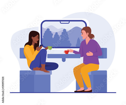 Vector illustration with girls traveling on a train. Cartoon scenes with smiling girls talking, drinking tea, coffee and riding a train isolated on white background.