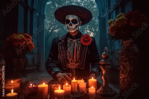 A man dressed up in a costume made in the traditional Mexican style for the celebration of the Mexican Day of the Dead. Generative AI