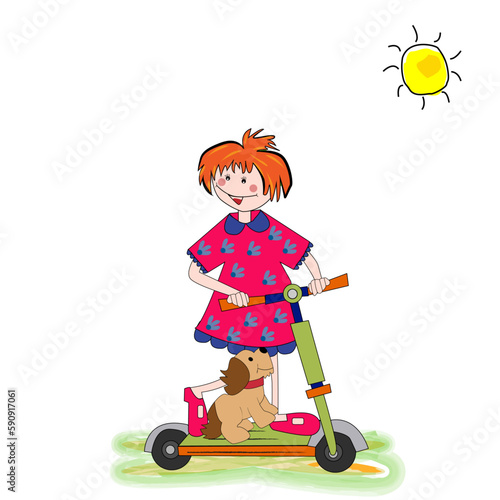 Niña feliz con su perro conduciendo un patinete.