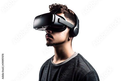 Young man in virtual reality glasses on a white background, portrait of a man in virtual reality glasses, generative AI. © Niko_Dali