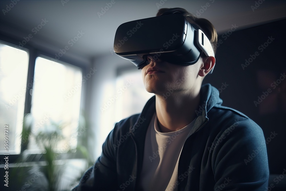Portrait of a guy with VR glasses, virtual reality gaming glasses, generative AI. Portrait of a guy with VR glasses, virtual reality gaming glasses, generative AI.