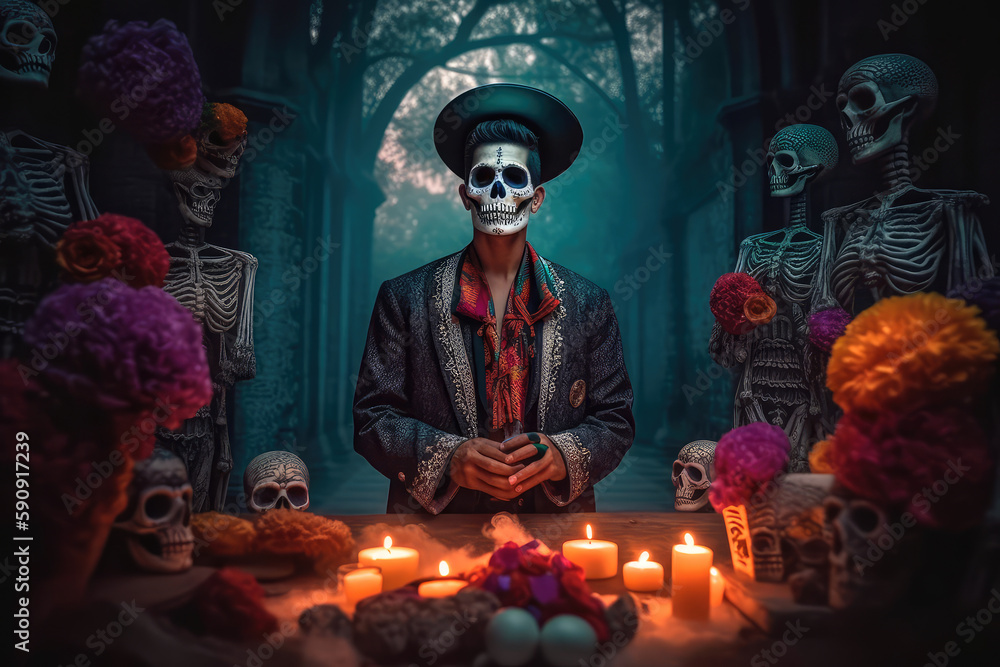 Fototapeta premium A man dressed up in a costume made in the traditional Mexican style for the celebration of the Mexican Day of the Dead. Generative AI