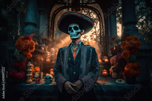 A man dressed up in a costume made in the traditional Mexican style for the celebration of the Mexican Day of the Dead. Generative AI