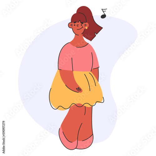 Music abstract art.Happy girl listening music.Dancing and party post,background.Evector cute bright illustration photo