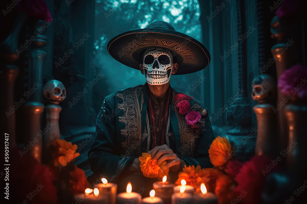 Naklejka premium A man dressed up in a costume made in the traditional Mexican style for the celebration of the Mexican Day of the Dead. Generative AI