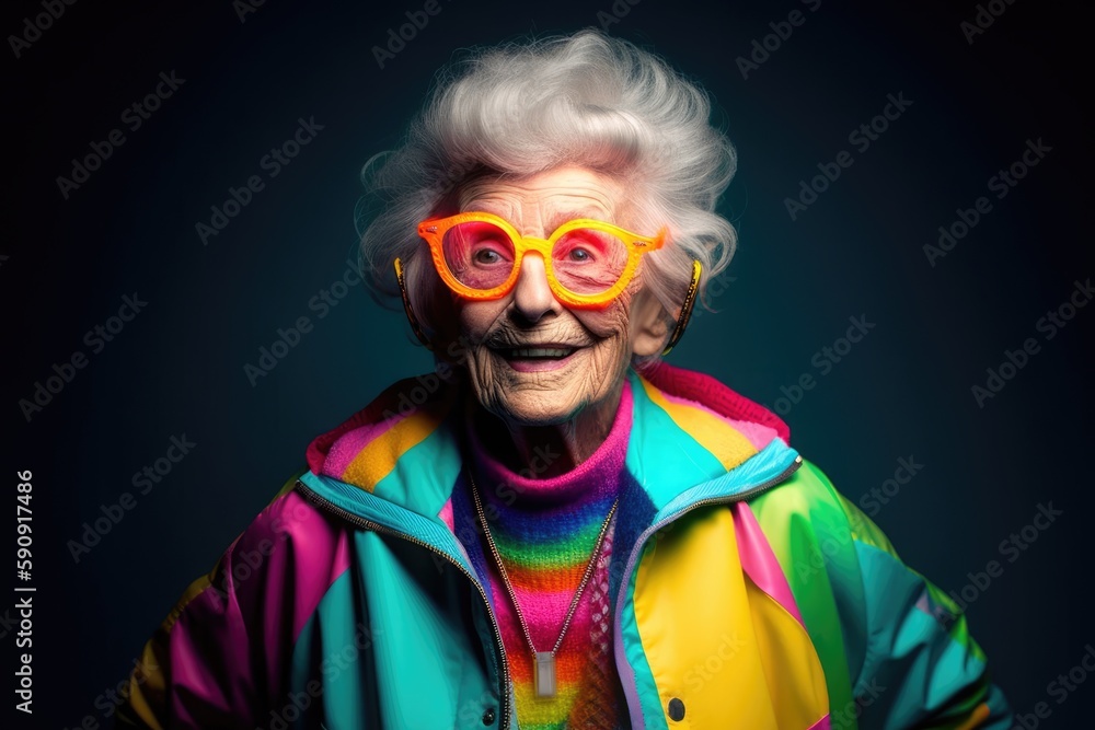 Old lady wearing colorful clothes in a studio environment. Generative AI Old lady wearing colorful clothes in a studio environment. Generative AI