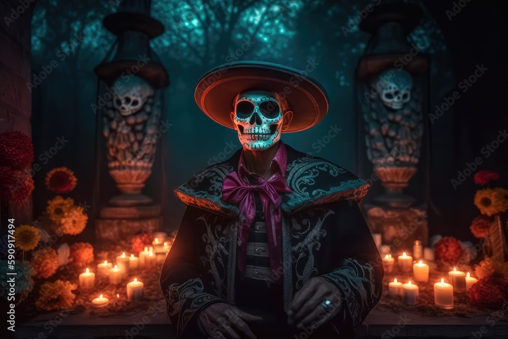 A man dressed up in a costume made in the traditional Mexican style for the celebration of the Mexican Day of the Dead. Generative AI