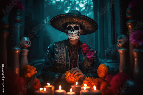 A man dressed up in a costume made in the traditional Mexican style for the celebration of the Mexican Day of the Dead. Generative AI