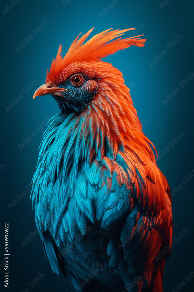 Phoenix Realistic Depiction, Blue and Orange, Medium profile shot, AI Generative 