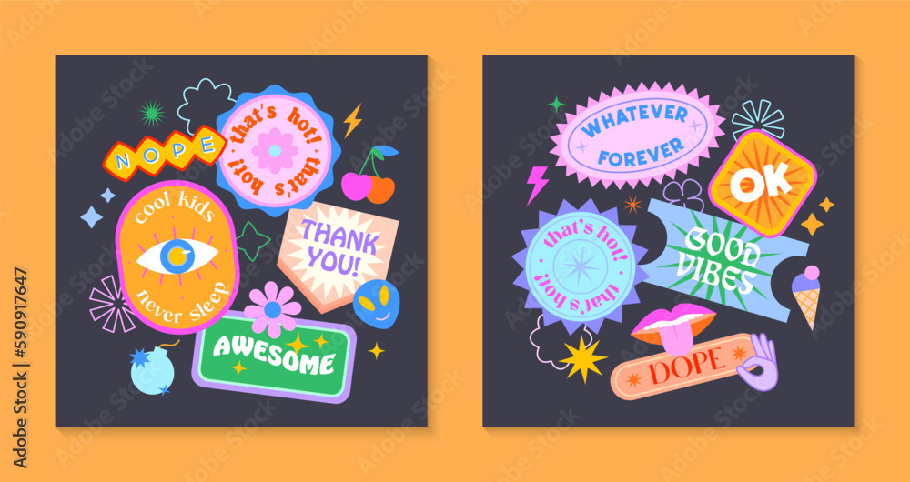 Vector set of cute funny templates with patches and stickers in 90s style.Modern symbols in y2k aesthetic with text.Trendy acid designs for banners,social media marketing,branding,packaging,covers