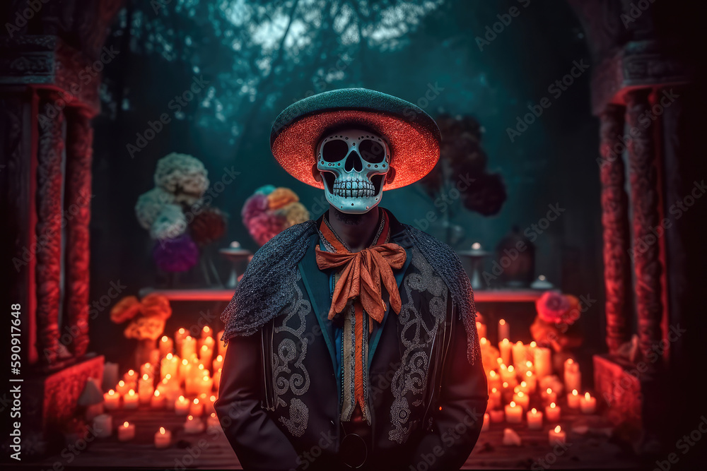 A man dressed up in a costume made in the traditional Mexican style for the celebration of the Mexican Day of the Dead. Generative AI A man dressed up in a costume made in the traditional Mexican style for the celebration of the Mexican Day of the Dead. Generative AI