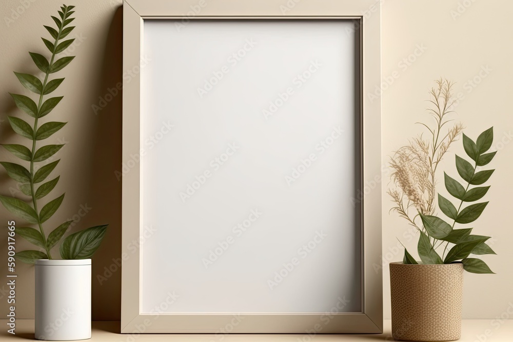 minimalist white picture frame and a green potted plant on a wooden table. Generative AI minimalist white picture frame and a green potted plant on a wooden table. Generative AI