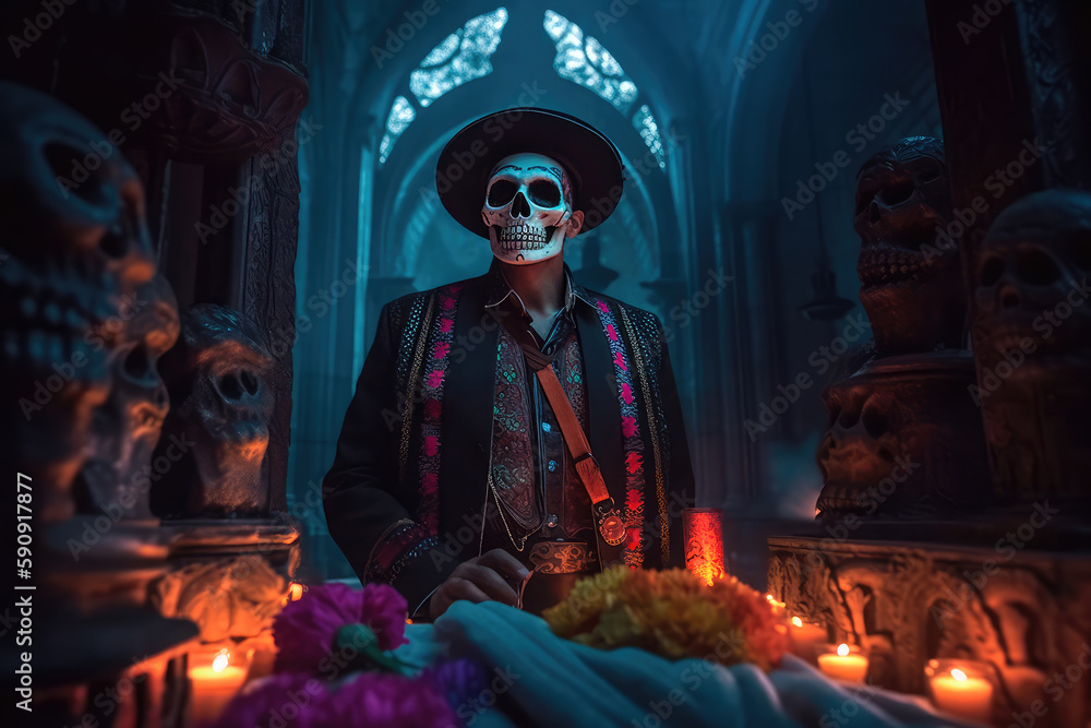 A man dressed up in a costume made in the traditional Mexican style for the celebration of the Mexican Day of the Dead. Generative AI