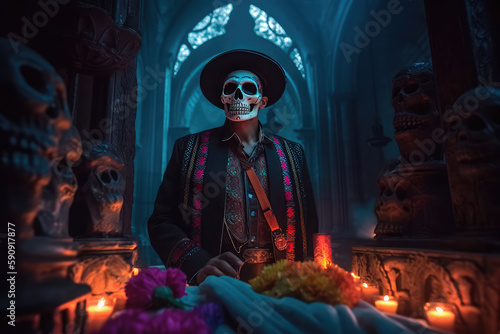 A man dressed up in a costume made in the traditional Mexican style for the celebration of the Mexican Day of the Dead. Generative AI