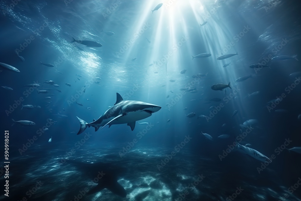 Fototapeta premium shark hunts underwater 
