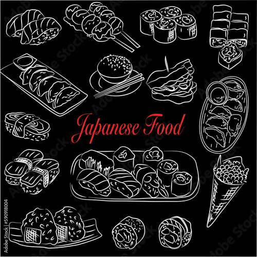 Big set of japanese food and beverage doodle hand drawing style sushi, yakisoba, takoyaki, onigiri, green tea, sake, dorayaki, mochi, rice ball, miso soup, tofu, oden, dango, taiyaki, tempura, ramen, 