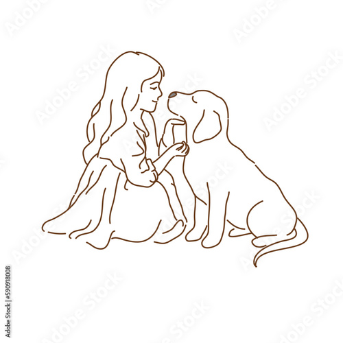 Doodle style on A child with a dog. Little girl with labrador retriever at home.