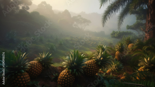 Pineapple plantation in a hilly area  dawn at a plantation of exotic fruits in the fog. Created with AI.