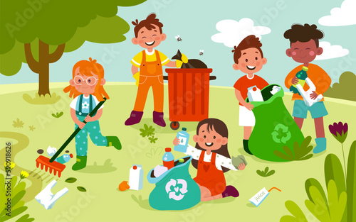 Kids cleaning garden flat illustrations set.