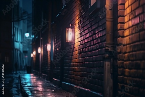 illustration, street old brick wall decorated with night lanterns, ai generative