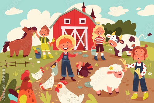 Kids feeding animals flat illustrations set. Cute children feeding chicken  turkey  sheep  horse  rooster and cow
