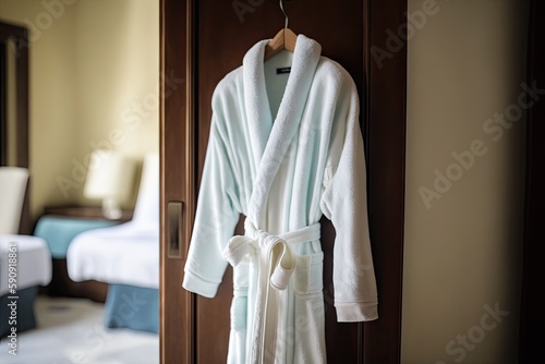 hotel room with a robe hanging on the door. Generative AI