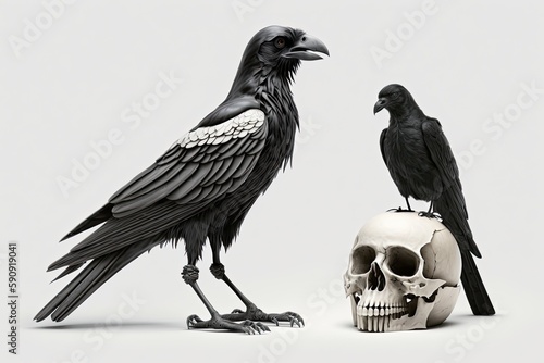 two black birds perched on a human skull. Generative AI photo