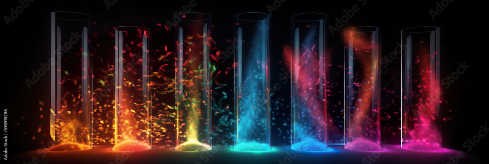 Naklejka premium Transparent glass tubes with colorful liquid flame and shiny sparkles on black background, AI generative panoramic banner