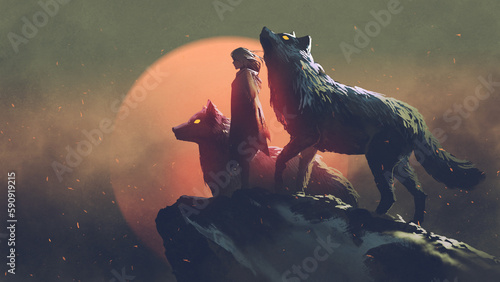 The woman in the cloak standing with her two wolves, digital art style, illustration painting
