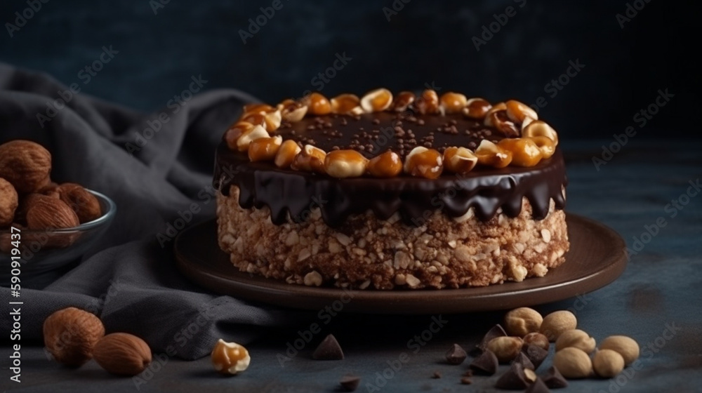Ester cake with chocolate topping and nuts on gray background Generative AI Ester cake with chocolate topping and nuts on gray background Generative AI