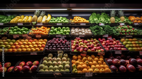 Fresh fruits and vegetables on shelf in supermarket Generative AI