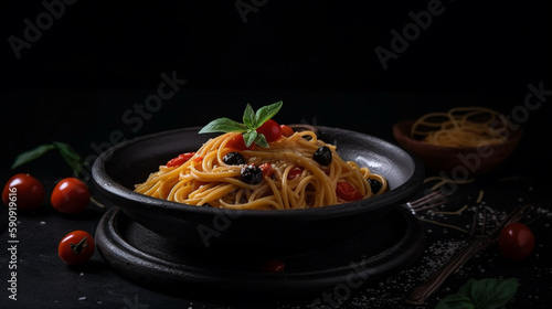italian food. spaghetti pasta in black plate on dark background Generative AI
