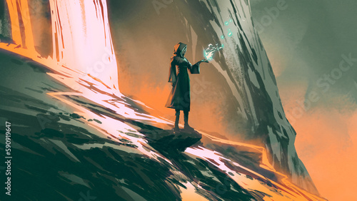 Fényképezés witch casting a spell on a volcano, digital art style, illustration painting