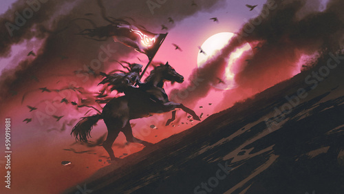 cloaked man rinding a black horse waving a flag with some kind of symbol, digital art style, illustration painting