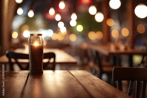 lit candle on a rustic wooden table. Generative AI