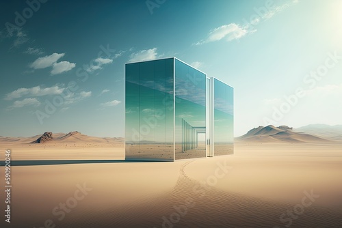 Glass Box in the Middle of a Desert Landscape. Generative AI