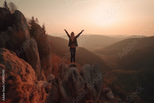 Back view of hipster millennial young woman on top of mountain summit at sunset raises arms into air happy Generative AI