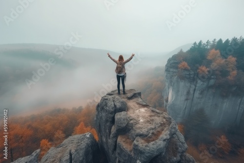 Back view of hipster millennial young woman on top of mountain summit at sunset raises arms into air happy Generative AI