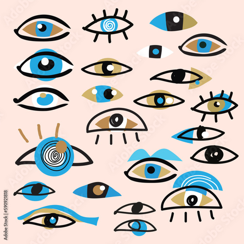 Set of various hand drawn doodle icon set eyes Collection of evil, ra, turkish, greek and esoteric  evil eye different shapes Gold evil Vector flat art illustration.