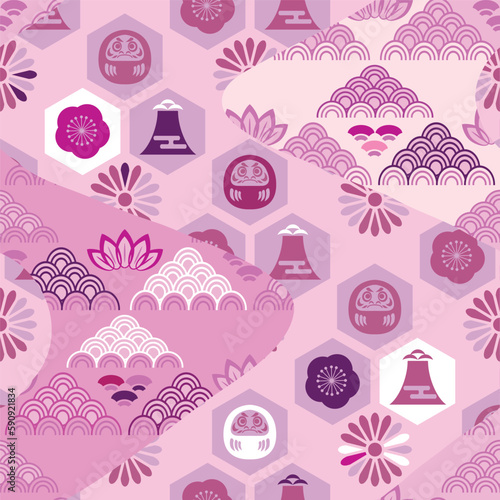 Traditional Japanese Seamless Pattern Background Fabric Patchwork with Waves, Sakura flowers, Chrysanthemum, Japan Style Icon Set Vector art vintage illustration for covers, packages, clothing, kimono