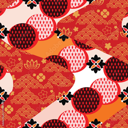 Traditional Japanese Seamless Pattern Background Fabric Patchwork with Waves, Sakura flowers, Chrysanthemum, Japan Style Icon Set Vector art vintage illustration for covers, packages, clothing, kimono