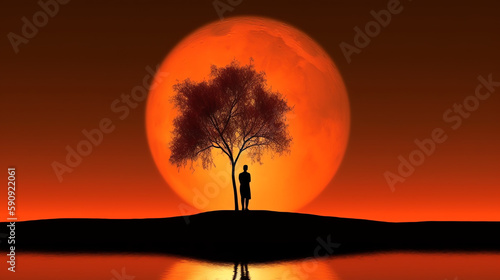 Black silhouettes of person and tree in front of orange sky with moon - Generative AI © mr_marcom