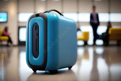 Blue suitcase in an airport hall with blurred people in the background. Generative AI