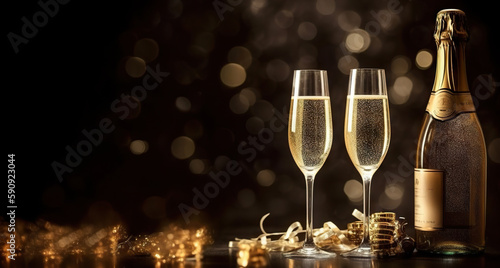 Champagne bottle and two glasses on a dark festive background. Copy space. Based on Generative AI