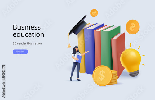 Business education, consulting, college, education app vector illustration. Learning, development, knowledge, skill 3D