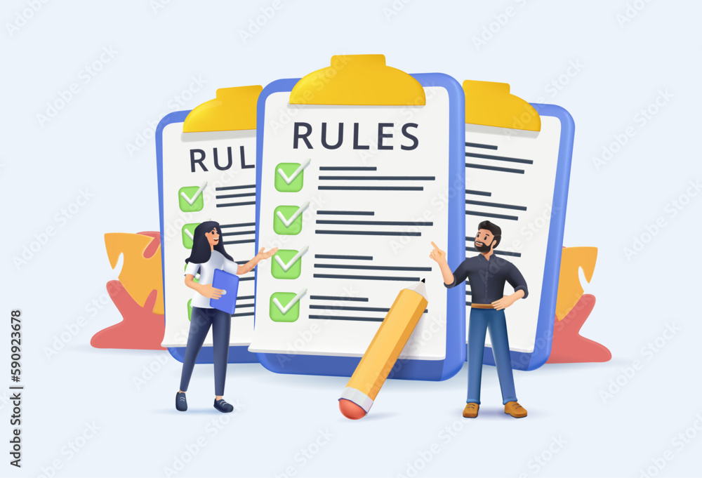3D rules list. Business characters people studying list of rules, reading guidance, making checklist. Vector illustration company order, restrictions, law regulations 3D render concept illustration 3D rules list. Business characters people studying list of rules, reading guidance, making checklist. Vector illustration company order, restrictions, law regulations 3D render concept illustration