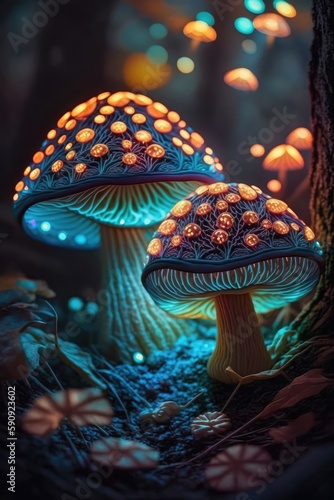Mushrooms in the forest. Psychedelic surreal image. Generative AI