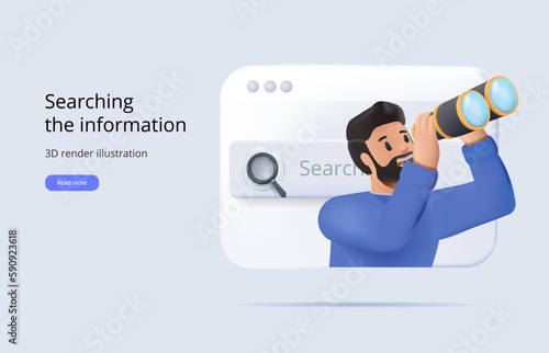 3D search browser. Character looking through binoculars. Business metaphore for search or research, development, web surfing 3D render. Vector characters for web or ui design. Search character concept